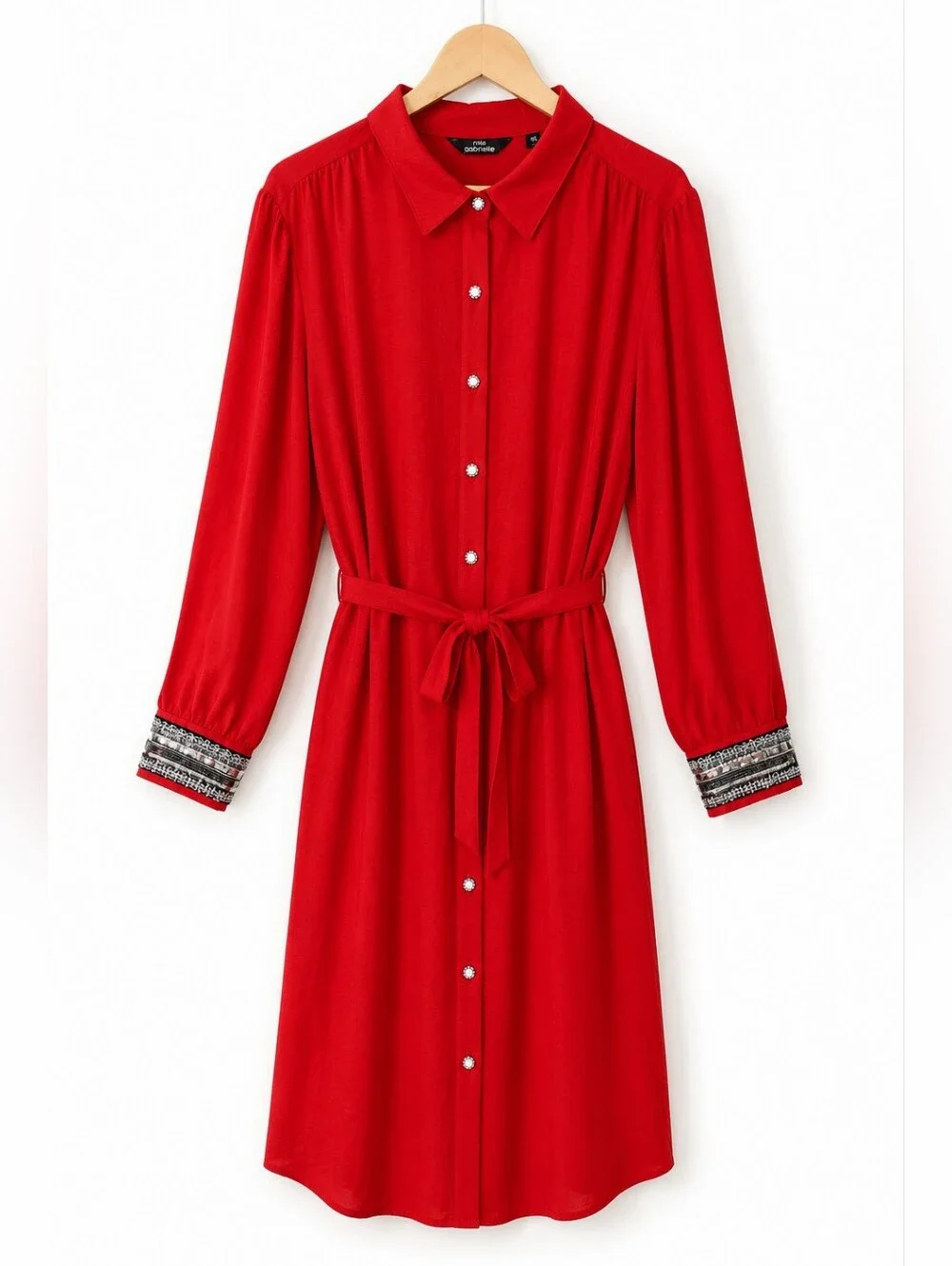 Mlle Gabrielle NWT Red Button Front Midi Dress 2X Embellished Cuffs